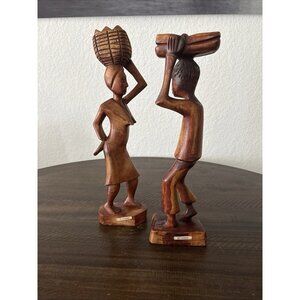 Hand Carved Wood 14.5 & 15.5” marked St. Thomas Statues Carrying Basket & Bread